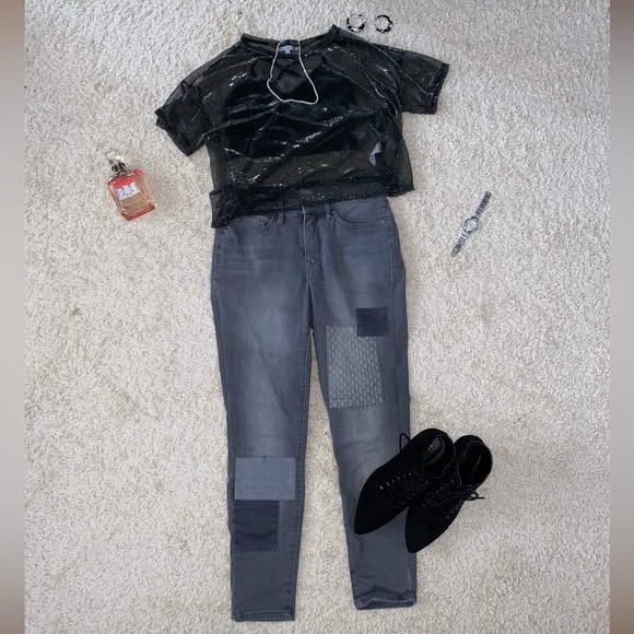 Grey Patchwork Decorative Skinny Jeans - Picture 1 of 5